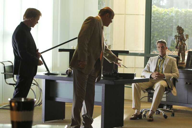 Horatio (David Caruso, l.) und Sgt. Tripp (Rex Linn, M.) erhoffen sich von Zach Anderson (Josh Coxx) Hinweise auf den Verbleib des flüchtigen Ex-Häftlings Viktor. – Bild: RTL Crime