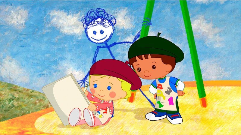 Zoé malt. Das Strichmännchen und Finn schauen interessiert zu. – Bild: KI.KA/​Mike Young Productions