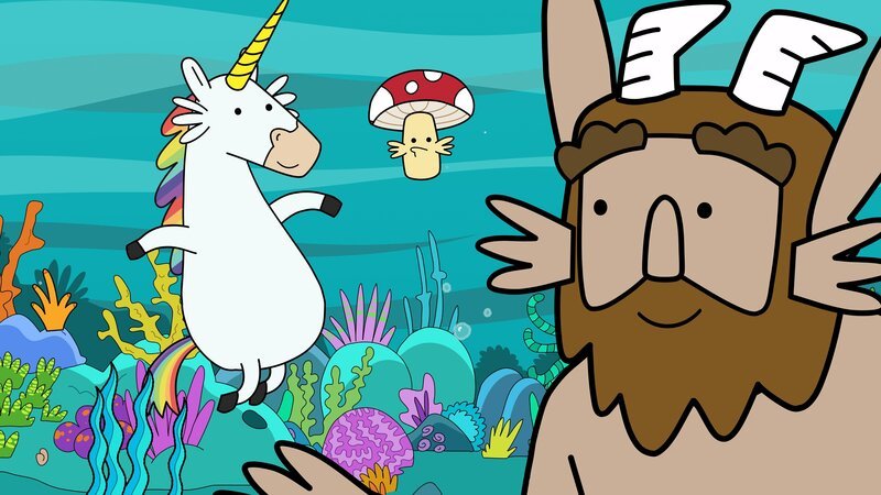 Blümchen, Tupfen und Hufius (von links) haben einen Zaubertrank getrunken, der Kiemen wachsen lässt. Sie wollen nach Meerhallig schwimmen, um Schwämme zu holen. – Bild: ZDF/​Tiger Aspect Kids & Family Limited, Movimenti Production, Zodiak Kids & Family France and Monello Productions