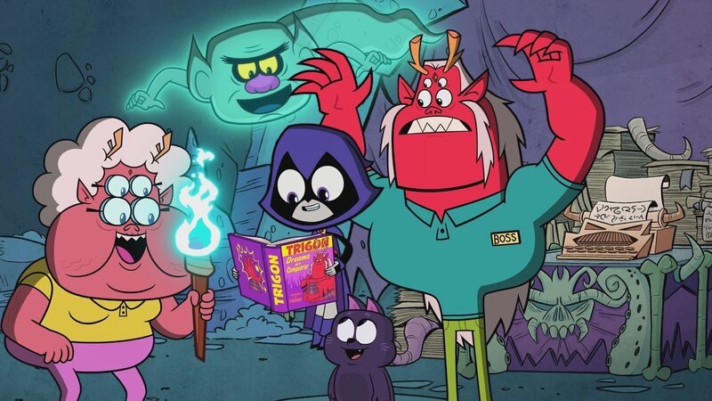 v.li.: Nana, Hank, Raven, Cat, Trigon – Bild: Warner Bros. Animation /​ WBEI /​ DC