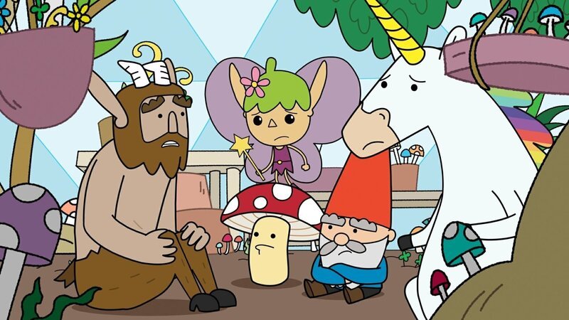 Die Helden – Hufius, Tupfen, Twinkle, Herbert und Blümchen (v.l.n.r.) – sind entsetzt, denn sie sollen den Koboldkönig bei sich aufnehmen. Sie beraten, wie sie mit dem ungebetenen Gast umgehen wollen. – Bild: ZDF/​Tiger Aspect Kids & Family Limited, Movimenti Production, Zodiak Kids & Family France and Monello Productions