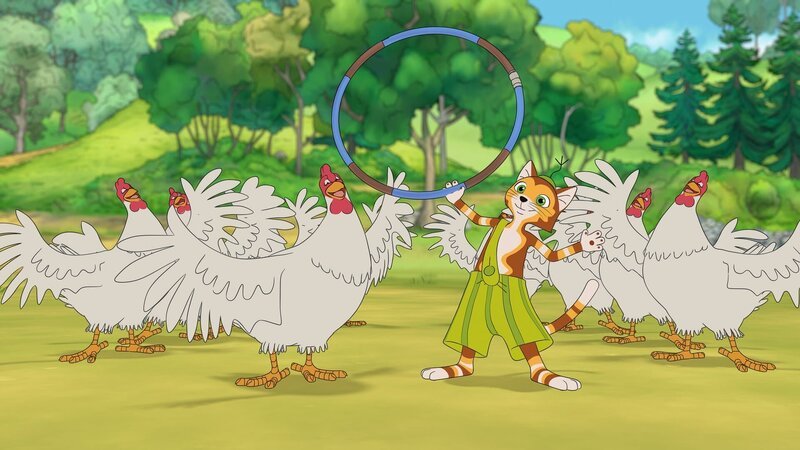 Die Hühner haben Findus erlaubt, mit seinem Hula-Hoop-Reifen bei ihrer Tanzaufführung mitzumachen. Und das gelingt zur Freude aller ganz hervorragend. – Bild: ZDF und Edel Germany GmbH