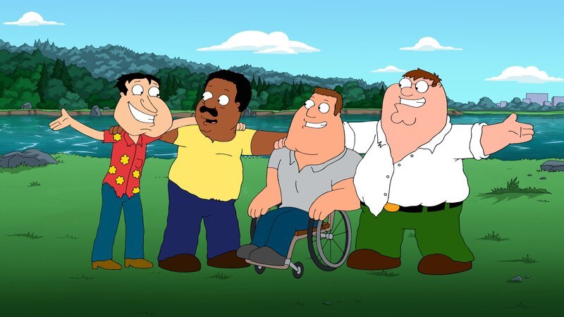 Entdecken auf dem wilden Abenteuertrip neue Seiten ihrer Freundschaft: Quagmire, Cleveland, Joe und Peter … – Bild: Fox