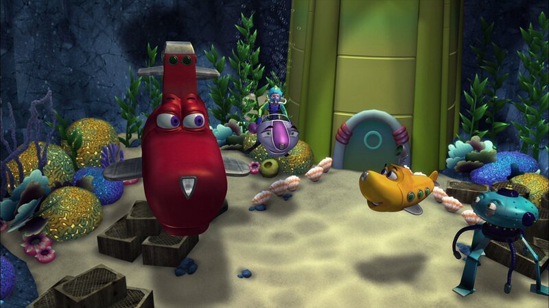 Timmy und UMA berichten dem roten U-Boot D von einem Abflussrohr, durch das im Seetangwald illegal Klärschlamm abgelassen wurde. – Bild: KI.KA/​Mike Young Productions