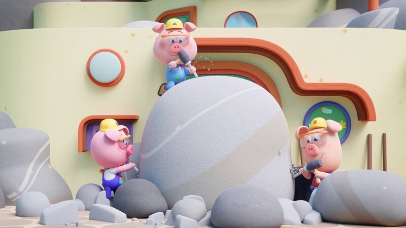 Was die Werkel-Ferkel wohl aus diesem Stein machen? Vielleicht eine Treppe zum Mond? – Bild: ZDF/​XILAM ANIMATION/​CUBE CREATIVE PRODUCTIONS/​HORTA PRODUCTIONS