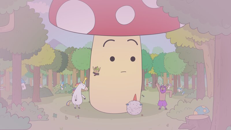 Eine Wolke mit Zauberkraft hat sich im Super Happy Magic Forest ausgebreitet. Tupfen (Mitte) ist ein Riesenpilz geworden, Blümchens (links) Einhorn hat sich in eine Trompete verwandelt, Twinkles Flügel sind nun Fledermausflügel, Herbert (2. von rechts) steckt in einem dicken haarigen Ball, und Hufius’ (rechts) Fell wurde lila. – Bild: ZDF/​Tiger Aspect Kids & Family Limited, Movimenti Production, Zodiak Kids & Family France and Monello Productions