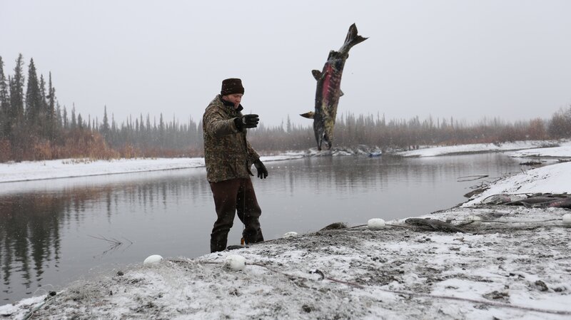 Tyler throwing fish in the air in the frozen tundra near a pond. – Bild: Discovery Communications