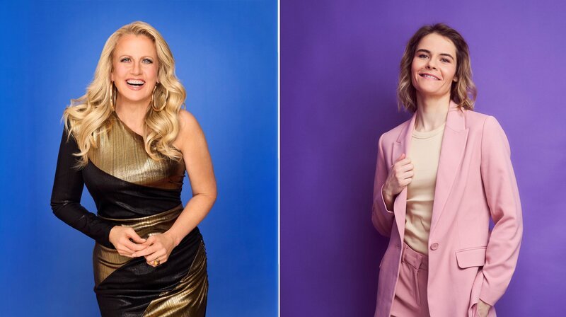 Barbara Schöneberger (li) und Hazel Brugger (re) präsentieren neun Acts bei „Eurovision Song Contest – Das Deutsche Finale 2026“. – Bild: SWR/​Benno Kraehahn/​Jens Koch/​Montage