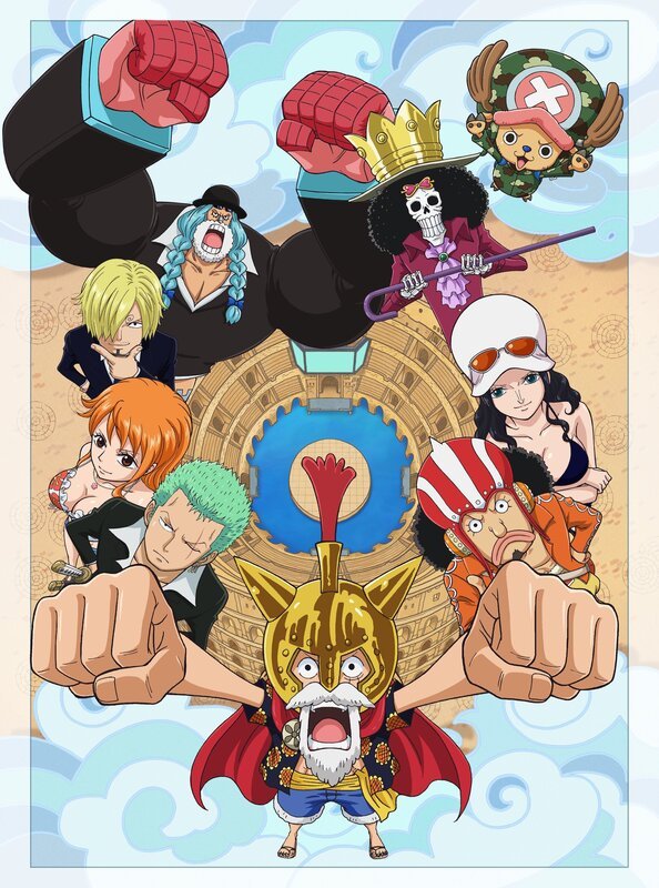 (im Uhrzeigersinn) Brook; Robin; Lysop; Ruffy; Zorro; Nami; Sanji; Franky; (oben r.) Chopper – Bild: Eiichiro Oda/​Shueisha, Toei Animation Lizenzbild frei