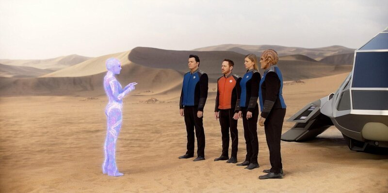 (v.li.): Elizabeth Gillies (Dina), Seth MacFarlane (Capt. Ed Mercer), Scott Grimes (Lt. Gordon Malloy), Adrianne Palicki (Cmdr. Kelly Grayson), Peter Macon (Lt. Cmdr. Bortus). – Bild: ORF/​PRO7/​Twentieth Century Fox/​Hulu