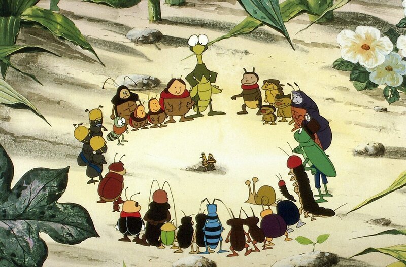 Die Bewohner der Wiese sehen den beiden Flohakrobaten zu. – Bild: ORF/​ZDF/​Apollo-Film