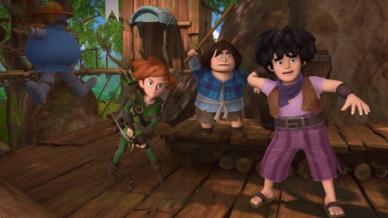Ein Hilferuf und die drei Freunde sind sofort kampfbereit: Robin Hood, Tuck und Little John in ihrem Versteck. – Bild: ZDF/​Method Animation/​DQ Entertainment/​Fabrique d’images/​ZDF Enterprises/​De Agostini