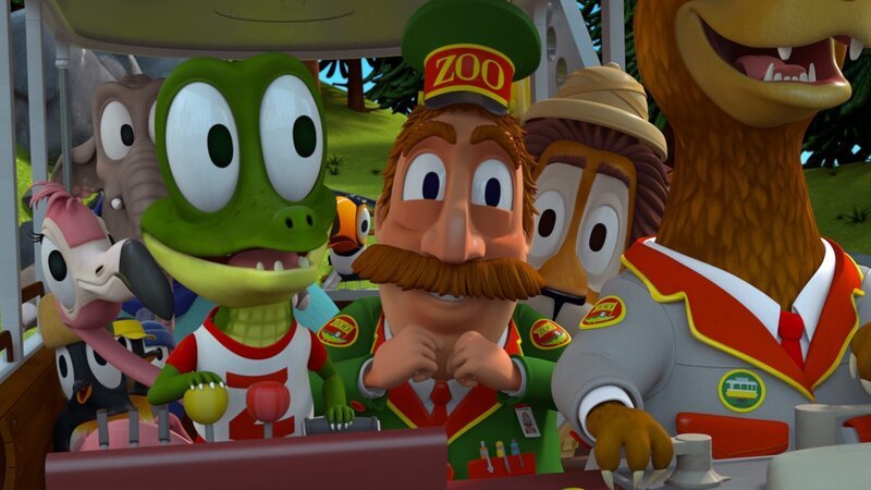 Zacki, das Krokodil, hat die Bahn erfolgreich repariert. Nun kann sie sich wieder in alles Mögliche verwandeln. Stolz will die Zoobande Herrn Timmer, dem Zoodirektor, eine Verwandlung vorführen. – Bild: ZDF/​Grid Animation, TELEGAEL