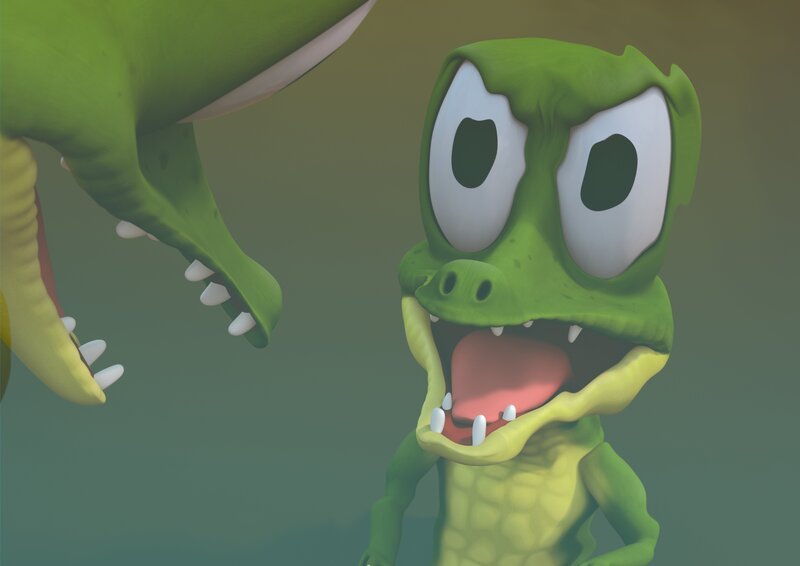 Zacki denkt, er habe keine Gewinnchancen am Lieblingstiertag und verlässt alleine die Vulkaninsel. Im Sumpf spielt er, er sei ein wilder Krokodilkönig und faucht sein Spiegelbild an. – Bild: ZDF/​Grid Animation, TELEGAEL