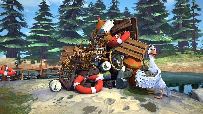 Die Gänse räumen auf und werfen alles, was sie finden, auf einen Haufen. Der soll dann zurück zu den Menschen. – Bild: BR/​Studio 100 Animation/​Studio 100 NV