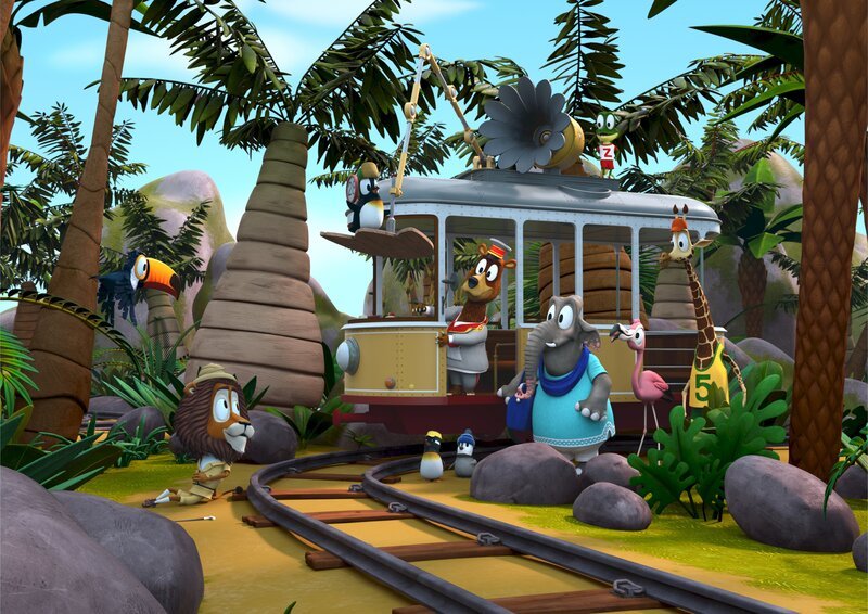 Zacki, das Krokodil, und Balduin, der Bär, haben sich eine Mutprobe für ihre Freunde ausgedacht. Mal sehen, ob sie tatsächlich so mutig sind, wie sie von sich behaupten und keine Angst vor einem T-Rex haben. – Bild: ZDF/​Grid Animation, TELEGAEL