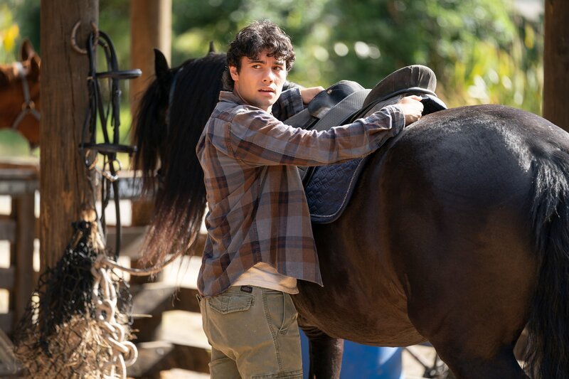 Dan (Max Crean) sattelt sein Pferd. Noch ahnt er nicht, dass Amandas Geburtstagsparty am Abend einige Überraschungen bereithalten wird. – Bild: ZDF/​Matt Klitscher