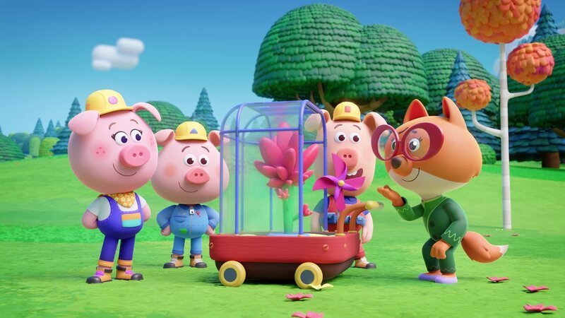 Die Werkel-Ferkel Cornelia (links), Charlie und Cesar (2. von links) haben ihrer Blume sogar einen Namen gegeben: „Kleine Melody“. – Bild: ZDF/​XILAM ANIMATION/​CUBE CREATIVE PRODUCTIONS/​HORTA PRODUCTIONS