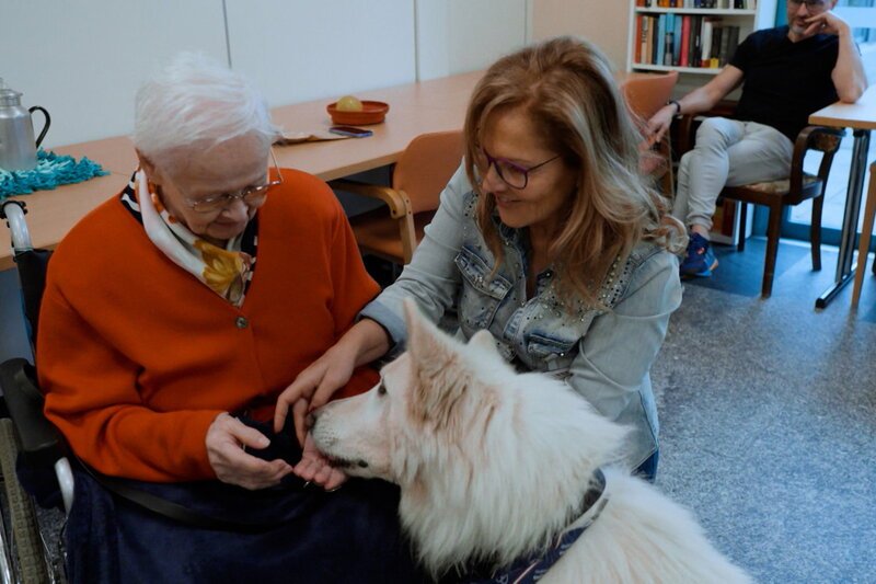 Mehr Lebensfreude dank Therapiehunden: Einmal pro Woche bekommen die Bewohnenden des Seniorenwohnheims von Mendrisio TI Besuch von speziell ausgebildeten Therapiehunden. – Bild: SRF1