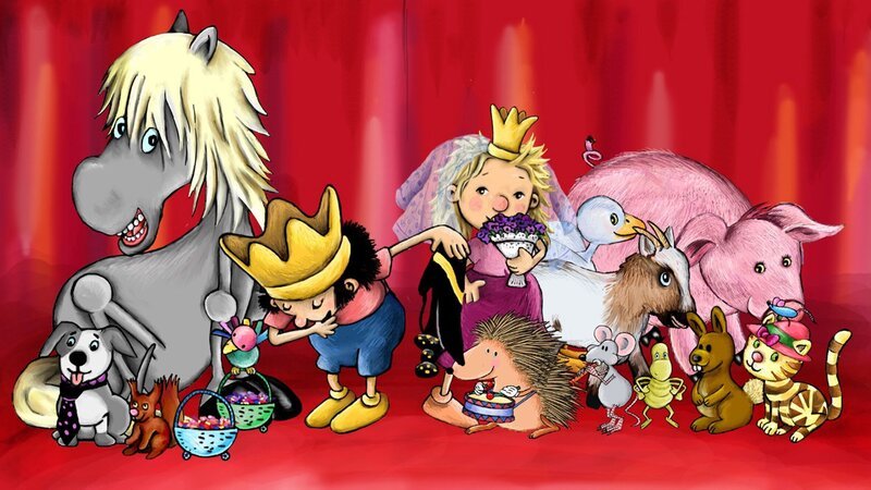 Der kleine König und die kleine Prinzessin spielen das Hochzeitspaar, und alle Tiere weit und breit sind eingeladen. Alle tanzen und machen Musik. – Bild: RBB/​Imediat GbR