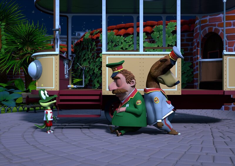 Da die Bahn ist kaputt, und die Tiere müssen die Nacht im Zoo verbringen. Eigentlich wollten Herr Timmer, der Zoodirektor, und Balduin, der Bär, Zacki beim Reparieren helfen. Doch nun schlummern sie im Stehen. – Bild: ZDF/​Grid Animation, TELEGAEL