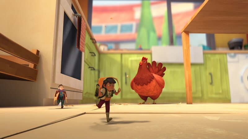 Clifden und Bernard ergreifen vor dem Huhn die Flucht. – Bild: SWR/​ELLIPSANIME PRODUCTIONS/​BELVISION/​DARGAUD MEDIA/​RTBF