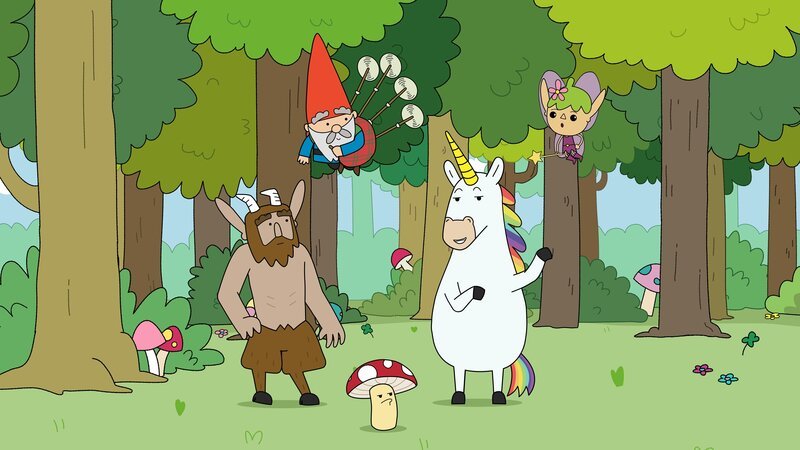 Gerade als sich Hufius, Tupfen, Blümchen und Twinkle zu einer Mission aufmachen wollen, kommt Herbert (links in Luft) zu Twinkles Überraschung mit seinem Herbi-Copter angeflogen. – Bild: ZDF/​Tiger Aspect Kids & Family Limited, Movimenti Production, Zodiak Kids & Family France and Monello Productions