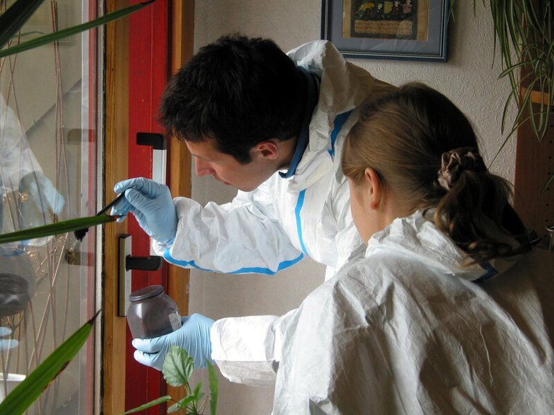 Willi Weitzel und Saskia sichern Fingerabdrücke nach einem Einbruch in einem Reihenhaus. – Bild: BR/​megaherz gmbh