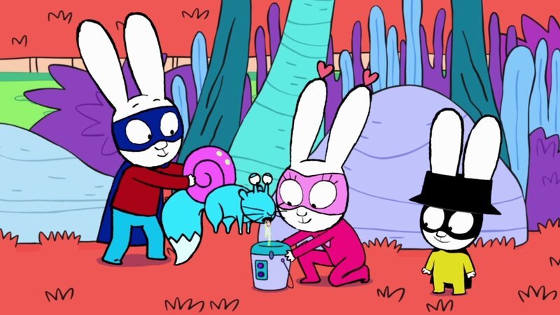 Für den Super-Cupcake benötigen Superhase, Super-Lou und Captain Hase allerlei merkwürdige Zutaten. Unter anderem den Schleim von einer Eichhörnchen-Schnecke. – Bild: ZDF und GO-N Productions