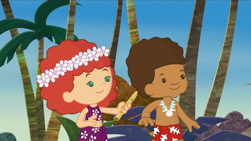 Tanja und Hamid haben ein Bambusrohr mit Löchern gefunden. Wofür soll das wohl gut sein? – Bild: KI.KA/​Mike Young Productions