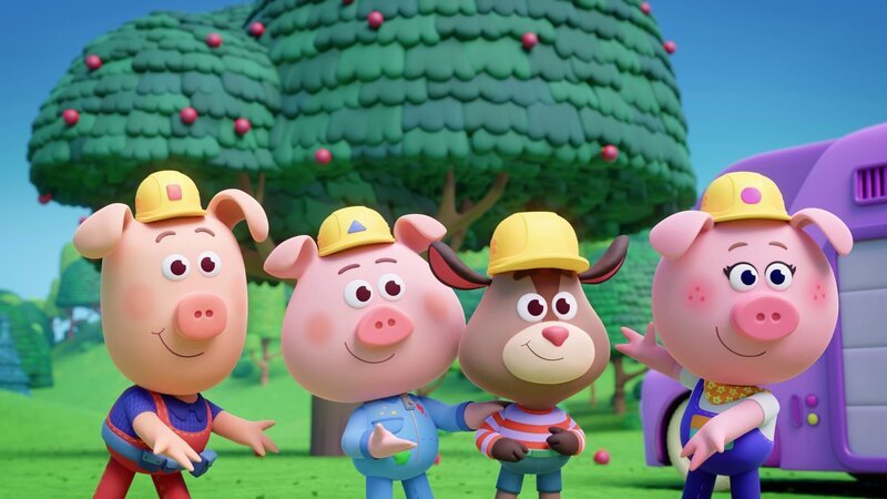 Stolz präsentieren die Werkel-Ferkel Cesar (links), Charlie (2. von links) und Cornelia (rechts) ihren neuen Hilfsmitarbeiter Kris! – Bild: ZDF/​XILAM ANIMATION/​CUBE CREATIVE PRODUCTIONS/​HORTA PRODUCTIONS