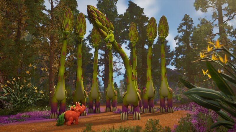 Das Trikarottops-Mädchen Ginger hält die Spargelsaurolofus zunächst für sprechende Bäume. – Bild: ZDF und Cheeky Little Media