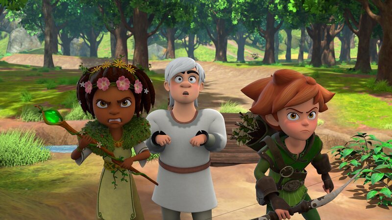 Katell (l.) und Robin (r.) möchten Avalanche (M.) vor Prinz John retten, indem sie ihn von einem Pferd in einen Menschen verwandeln. – Bild: Method Animation – ZDF