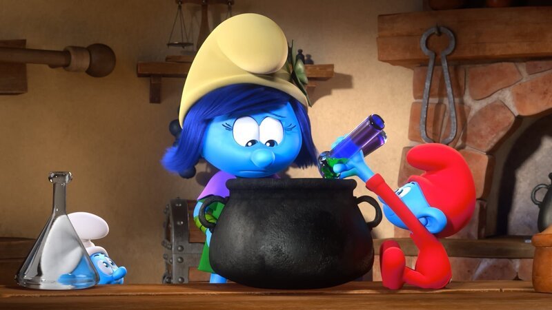 Papa Schlumpf und Sturm versuchen, einen Gegenzauber zu brauen. – Bild: KiKA /​ Peyo Productions, Dupuis Édition & Audiovisuell