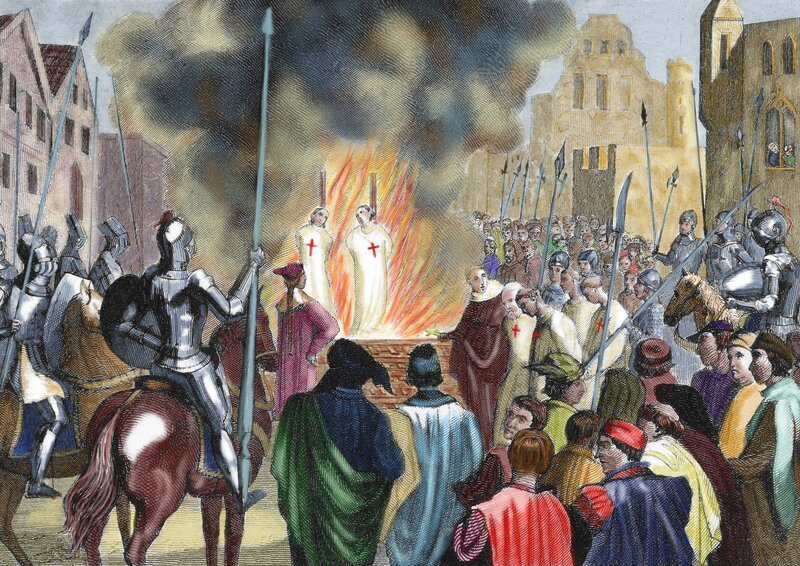 Templariusze /​ Burning of Knights Templar during the 14th century, 1851 (engraving) (later colouration) by Private Collection – Bild: Tarker /​ The Bridgeman Art Library