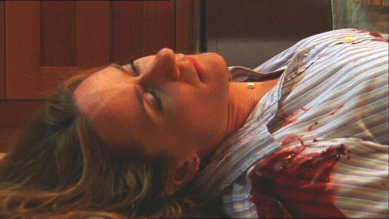 Dr. Monica Frye (Helen Coxe), verheiratet mit einem Richter, wird aus großer Entfernung durch die dicken Scheiben ihres Küchenfensters erschossen. – Bild: VOX /​ USA Network /​ Barbar