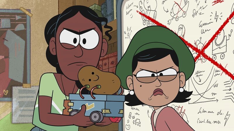 Saige (links) und Kallista (rechts) streiten und brauchen Gigis Hilfe beim Kartoffel-Buggy-Projekt. – Bild: KiKA /​ Daily Madness Limited /​ Miam! Animation /​ Thuristar /​ VRT-Ketnet