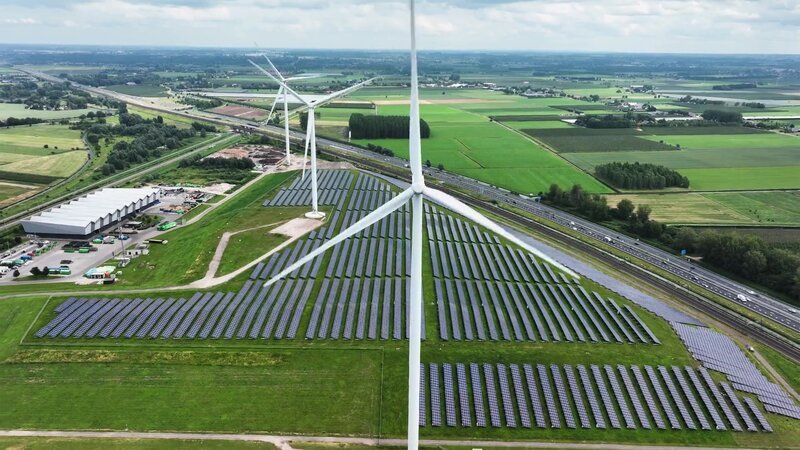 Das Bild zeigt einen hybriden Energiepark, der Sonnenkollektoren und Windkraftanlagen kombiniert. – Bild: CuriosityStream-Inc.