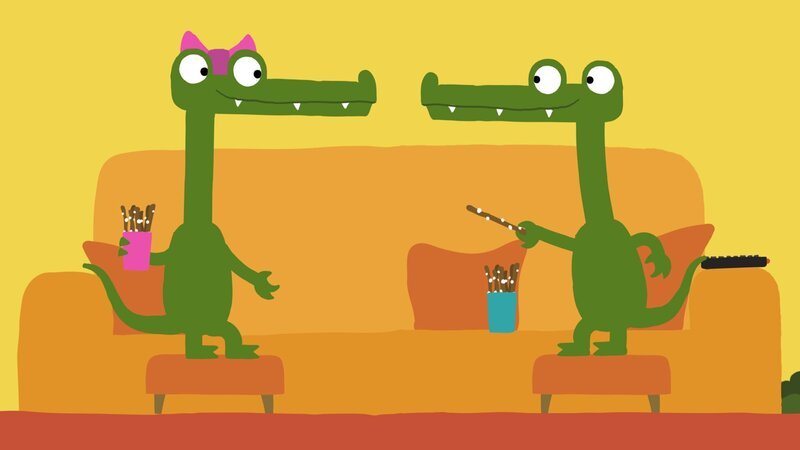 Wenn Krokodile Salzstangen essen wollen, bekommen sie ein Problem. Sie haben viel zu kurze Arme und eine viel zu lange Schnauze. Im „Ich kenne ein Tier“ Trickfilm finden sie dennoch eine lustige Lösung. – Bild: SWR