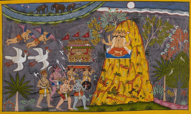 R5140A Ravana besucht den Mond. Ravana steigt immer höher und reist an der Quelle des Ganges vorbei, wo sich Elefanten in den heiligen Wassern tummeln, die in der linken Ecke dargestellt sind. Auf der linken Seite sind zwei Garudas und zwei Vögel abgebildet, die in die Luft fliegen und auf die Bereiche hinweisen, die Ravana durchquert. Der Mond ist symbolisch auf der rechten Seite dargestellt und der stahlgraue Hintergrund zeigt das eisige Wetter auf dem Mond. Brahma schreitet ein und bittet Ravana, umzukehren. Ramayana. Udaipur, 1653. Quelle: Add. 15297(2), f.48. Sprache: Sanskrit. – Bild: Album /​ Alamy Stock Photo /​ Alamy Stock Photo /​ https:/​/​www.alamy.com /​ Credit: Album /​ Alamy Stock Photo