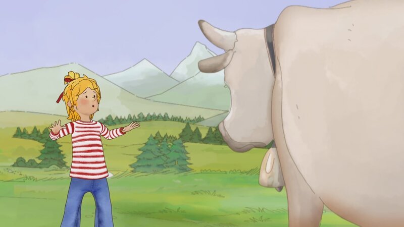 Conni erschreckt sich vor der Kuh, die plötzlich im Weg steht. – Bild: ZDF/​Henning Windelband/​Youngfilms GmbH