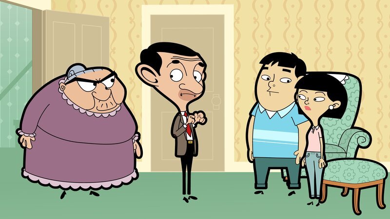 First and second from the left: Mrs. Wicket (voiced by Sally Grace), Mr. Bean (voiced by Rowan Atkinson) – Bild: Boomerang (DE) /​ Tiger Aspect Productions Ltd