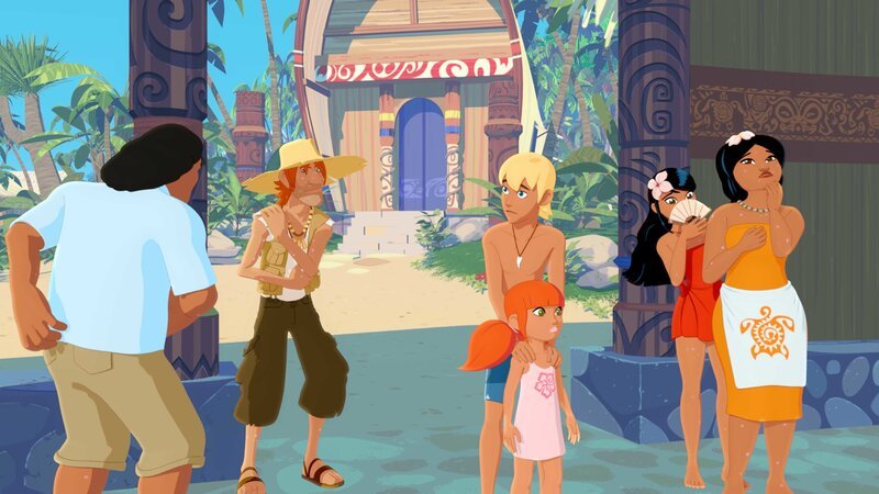 Im Dorf herrscht Aufregung, denn nach dem Festessen bei Maeva leiden alle an einem juckenden Hautausschlag. Nur Yann und Marina sind gesund, weil sie nicht von dem Essen gekostet haben. – Bild: ZDF/​Media Valley/​Marzipan Films/​TF1/​Gaumont Animation