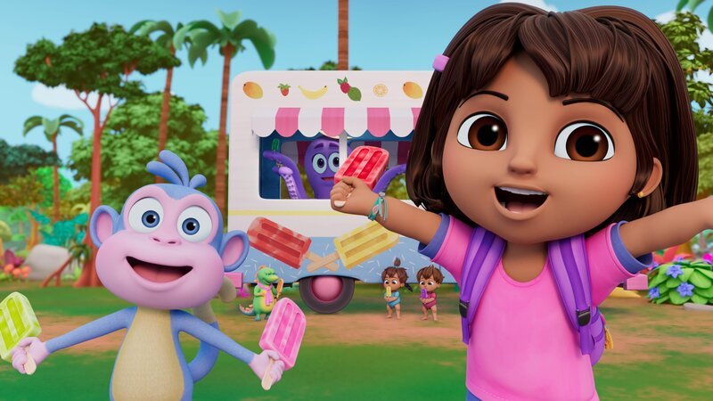 Dora und das Fiesta-Trio ergründen ein seltsames Geräusch, durch das sie ihre Instrumente verloren haben. – Bild: RTL /​ Der musikalische Wald