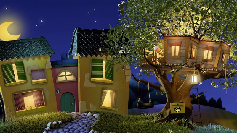 Das Gute-Nacht-Haus (links) mit dem Baumhaus (rechts). – Bild: KiKA/​Promotion&Design /​ KiKA Bildredaktion