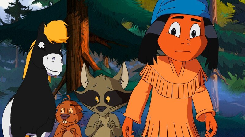 (v.l.) Kleiner Donner, Lindenbaum, Schwarze Maske und Yakari auf der Suche nach dem Saboteur. – Bild: WDR/​Ellipsanime Productions/​Belvision/​Les Cartooneurs Associés/​2 Minute