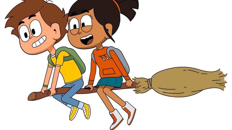 Mats (l.) und Malika auf einem Hexenbesen. – Bild: SUPER RTL