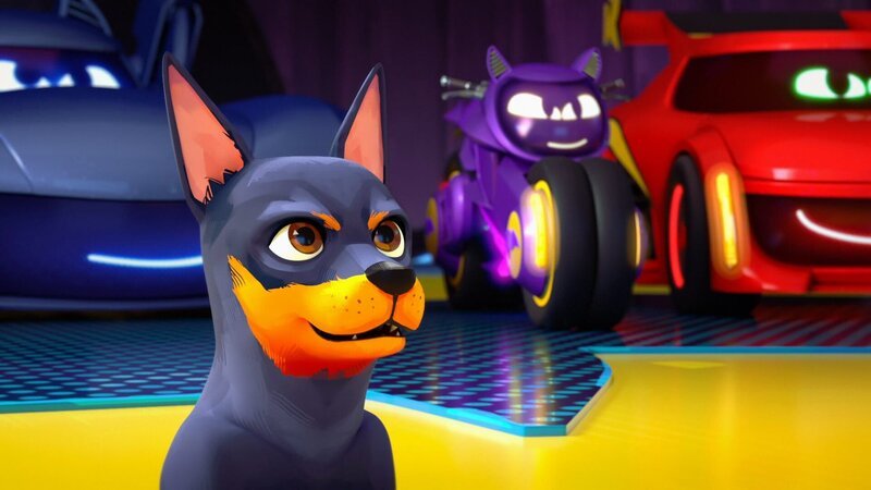 Vorne: Ace. Hinter, v.li.: Bam, Bibi, Redbird. – Bild: Warner Bros. Entertainment Inc. /​ BATWHEELS and all related characters and elements are ™ of DC