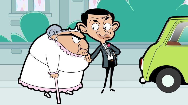 L-R:Mrs. Wicket (voiced by Sally Grace), Mr. Bean (voiced by Rowan Atkinson) – Bild: Boomerang (DE) /​ Tiger Aspect Productions Ltd