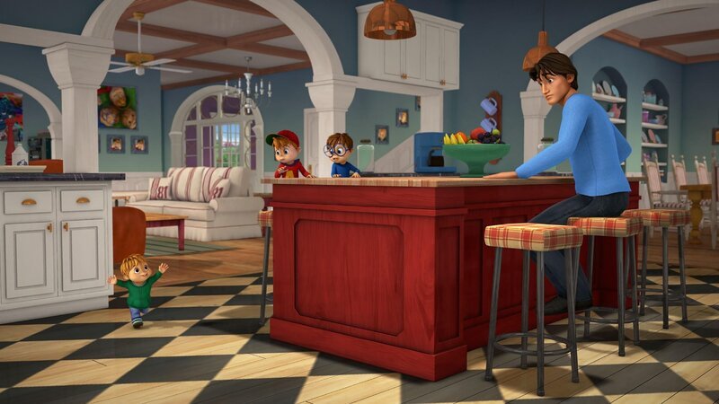 Theodore (l.) hat aufregende Neuigkeiten, die er sofort mit seiner Familie teilen will. Alvin, Simon und Dave (r.) schauen ihn verdutzt an.  +++ – Bild: Der Telefonstreich /​ TM & © Bagdasarian Productions, LLC.